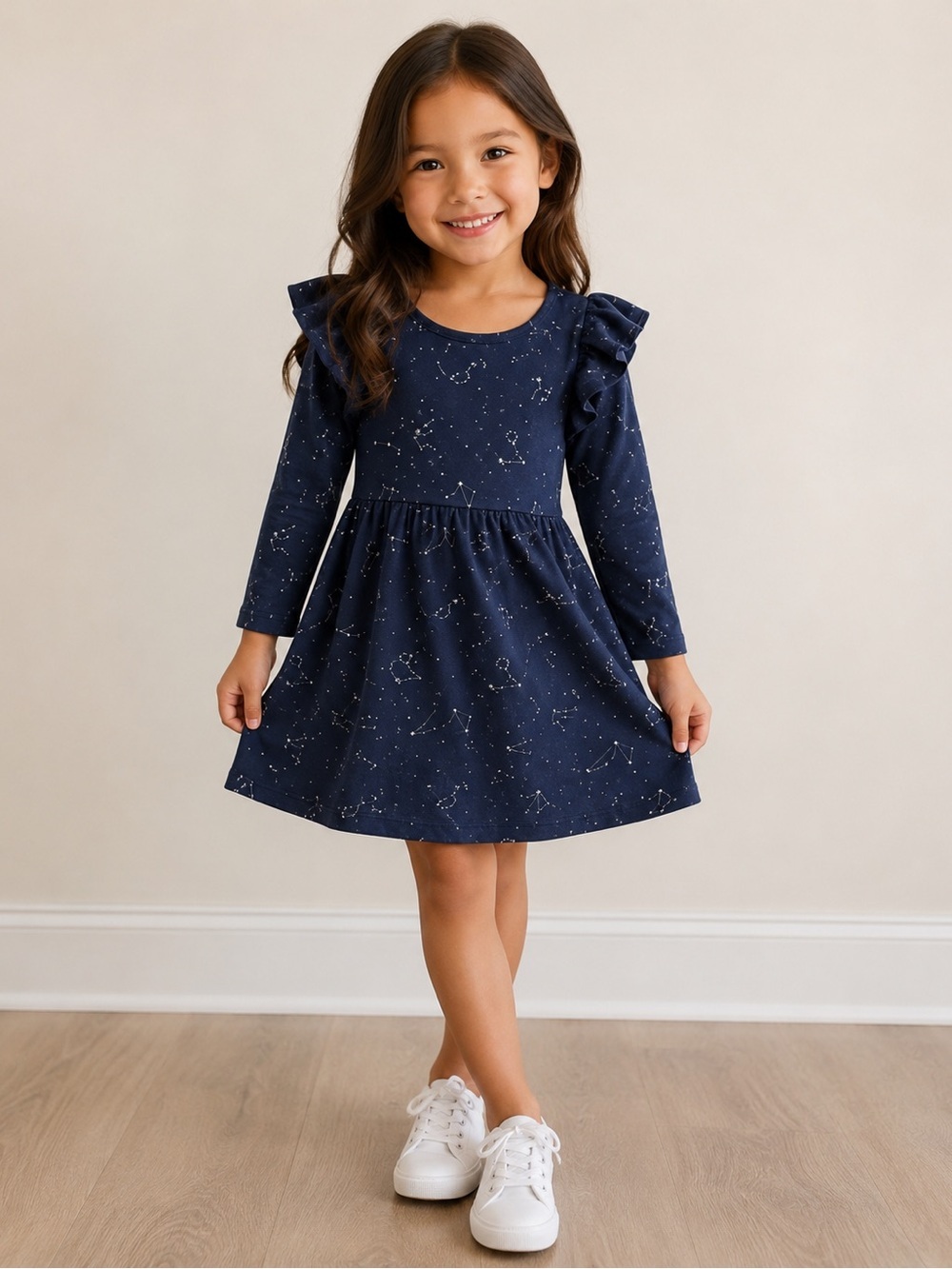 • Monica and Andy • Girls Double Ruffle dress Constellation Pattern Navy